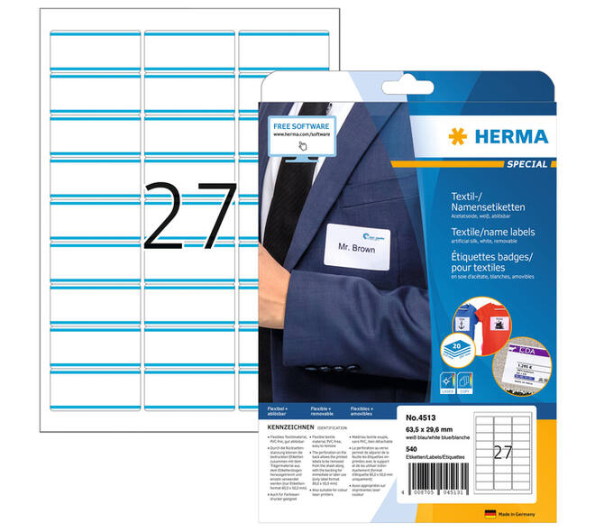 Naambadge etiket HERMA 4513 63.5x29.6mm wit/blauw 540 stuks