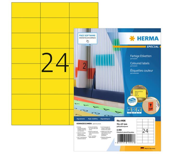 Etiket HERMA 4406 70x37mm geel 2400 stuks