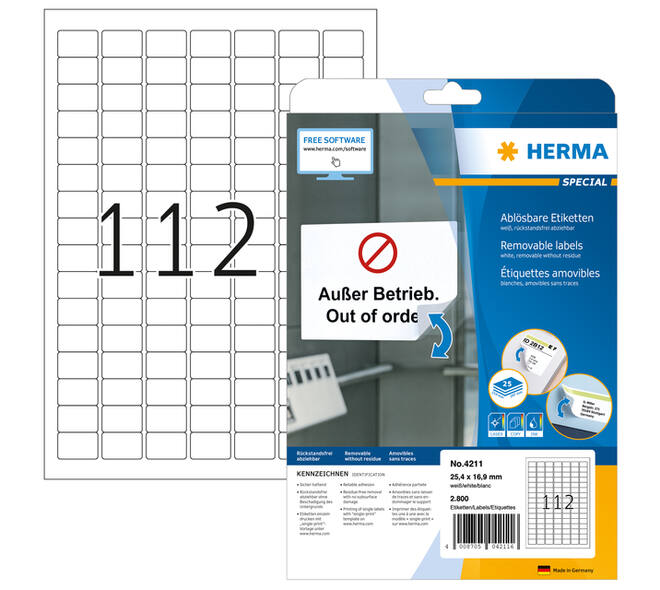 Etiket HERMA 4211 25.4x16.9mm verwijderbaar wit 2800 stuks
