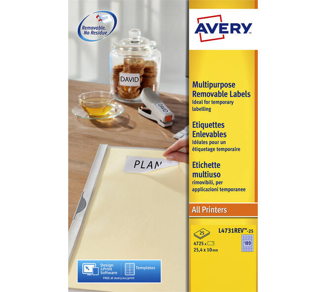 Etiket Avery L4731REV-25 25.4x10mm wit 4725 stuks