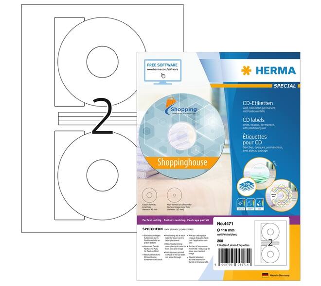 Etiket HERMA 4471 CD 116mm wit opaqua 200 stuks