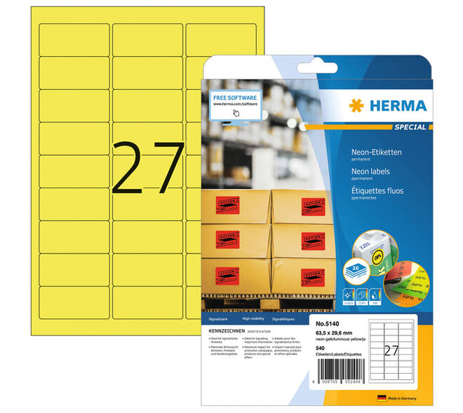 Etiket HERMA 5140 63.5x29.6mm neon geel 540 stuks