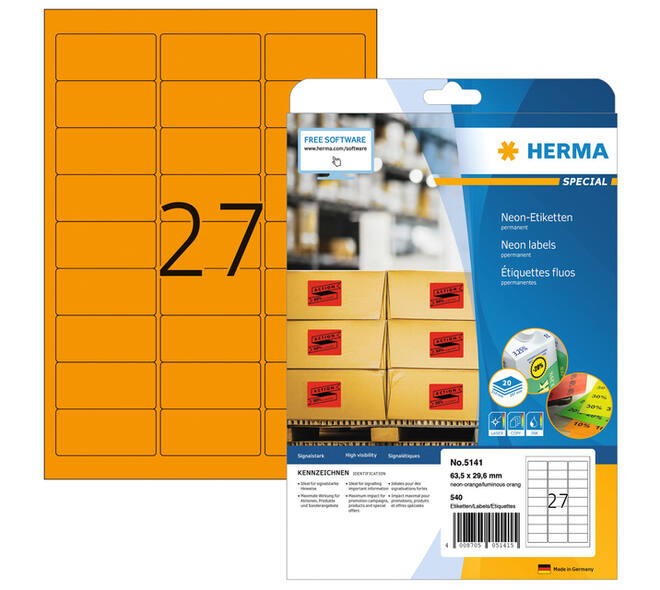 Etiket HERMA 5141 63.5x29.6mm neon oranje 540 stuks
