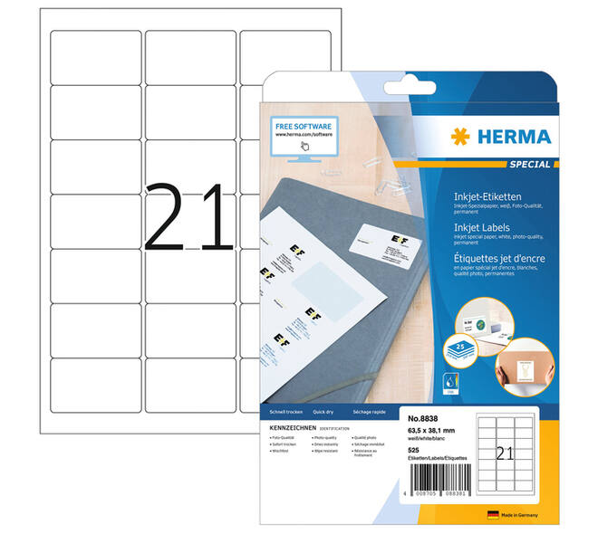 Etiket HERMA 8838 63.5x38.1mm mat wit 525 stuks