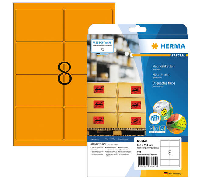 Etiket HERMA 5145 99.1x67.7mm fluor oranje 160 stuks