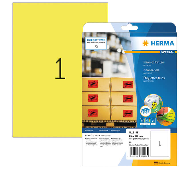Etiket HERMA 5148 210x297mm A4 fluor geel 20 stuks