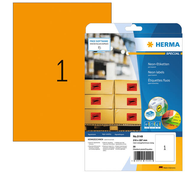 Etiket HERMA 5149 210x297mm A4 fluor oranje 20 stuks