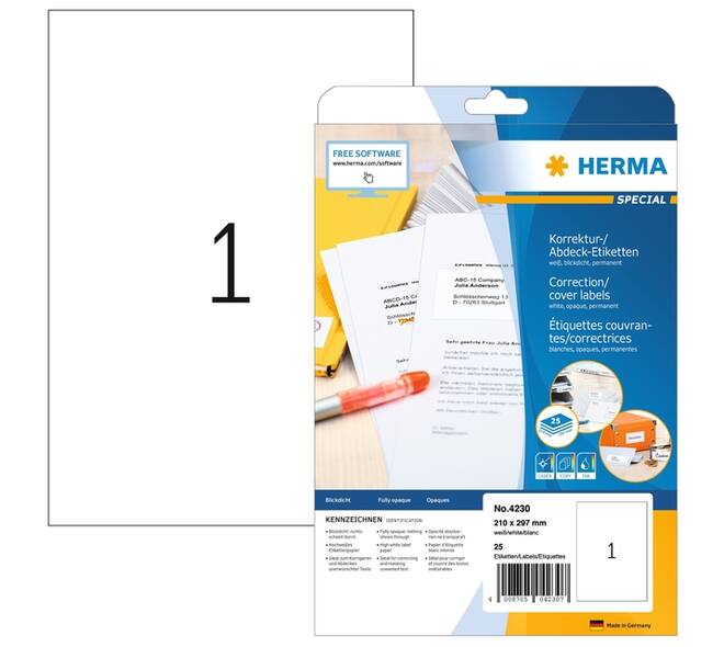 Etiket HERMA 4230 210x297mm A4 correctie wit 25 stuks