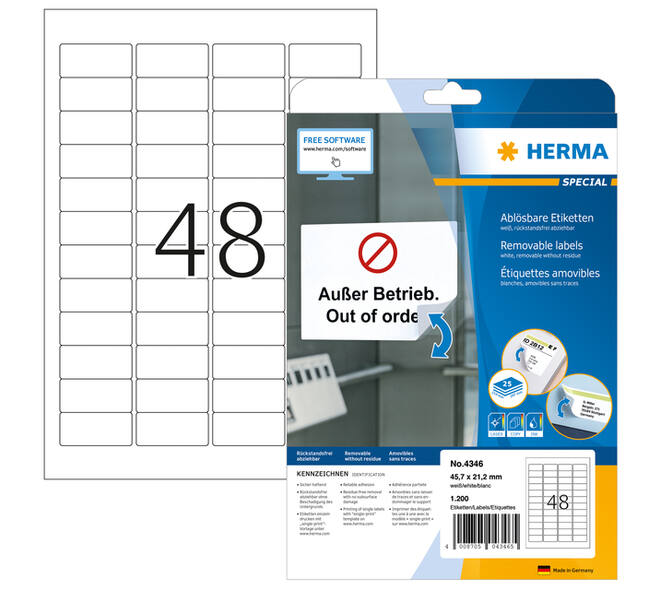 Etiket HERMA 4346 45.7x21.2mm verwijderbaar wit 1200 stuks