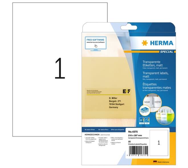 Etiket HERMA 4375 210x297mm A4 transparant 25 stuks