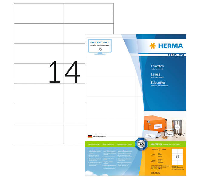 Etiket HERMA 4625 105x42.3mm premium wit 2800 stuks