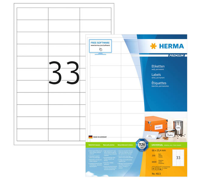 Etiket HERMA 4613 66x25.4mm premium wit 6600 stuks