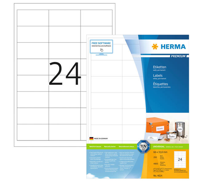 Etiket HERMA 4614 66x33.8mm premium wit 4800 stuks