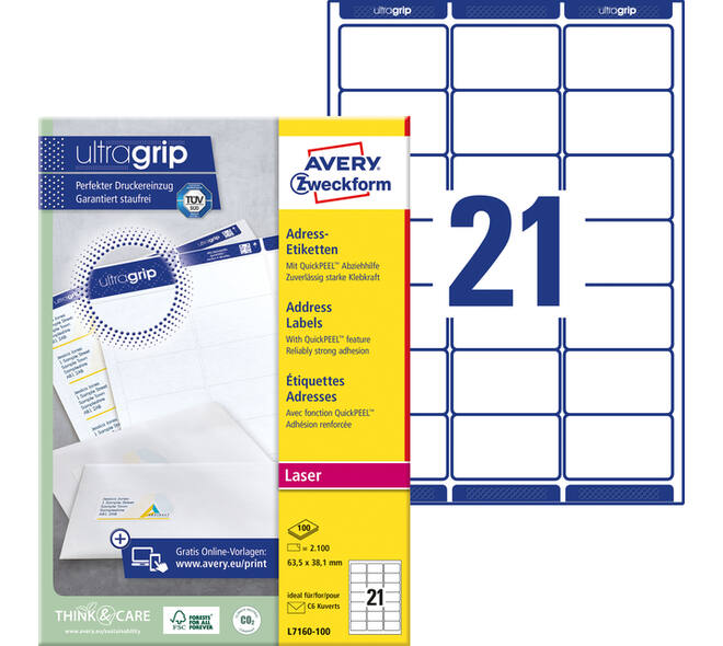 Etiket Avery L7160-100 63.5x38.1mm wit 2100 stuks