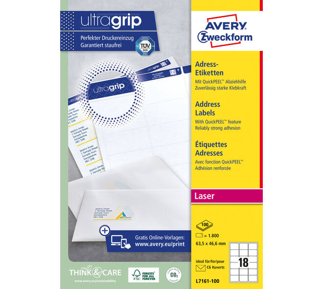 Etiket Avery L7161-100 63.5x46.6mm wit 1800 stuks