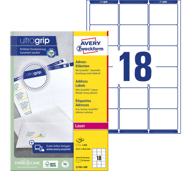 Etiket Avery L7161-100 63.5x46.6mm wit 1800 stuks