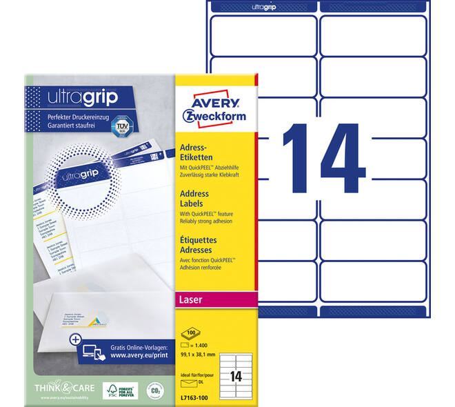Etiket Avery L7163 99.1x38.1mm wit 1400 stuks