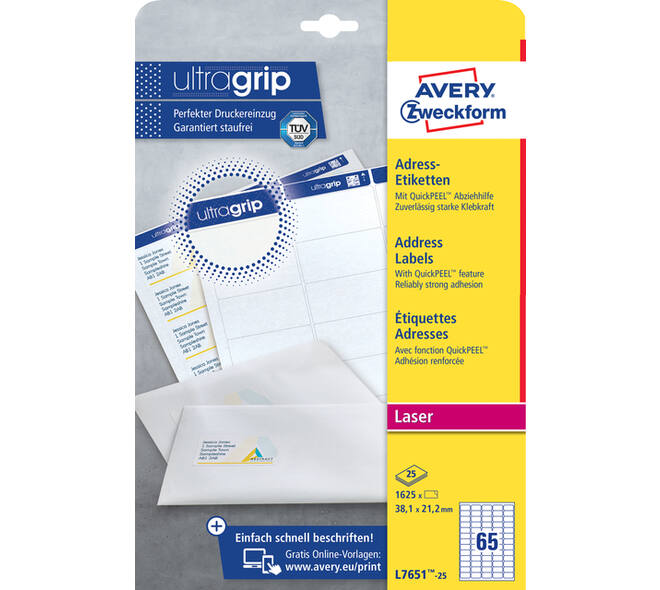 Etiket Avery L7651-25 38.1x21.2mm wit 1625 stuks