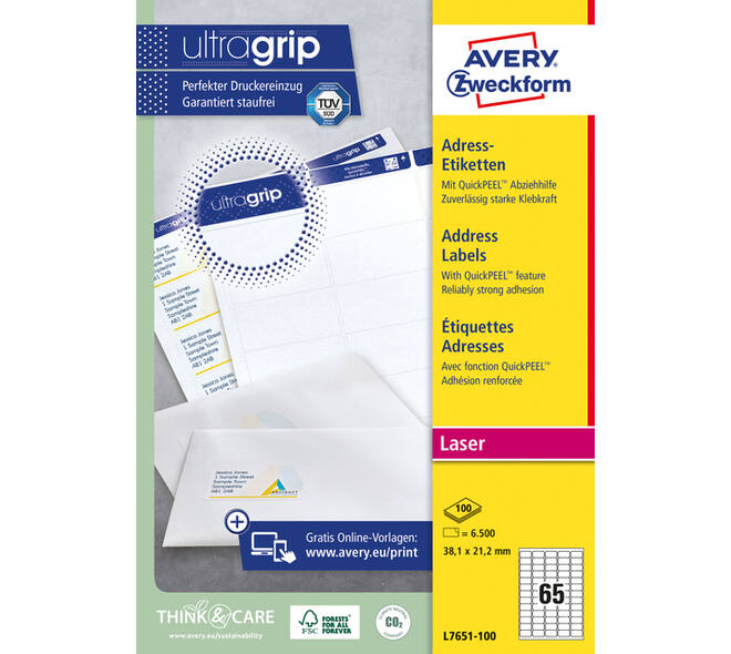 Etiket Avery L7651-100 38.1x21.2mm wit 6500 stuks