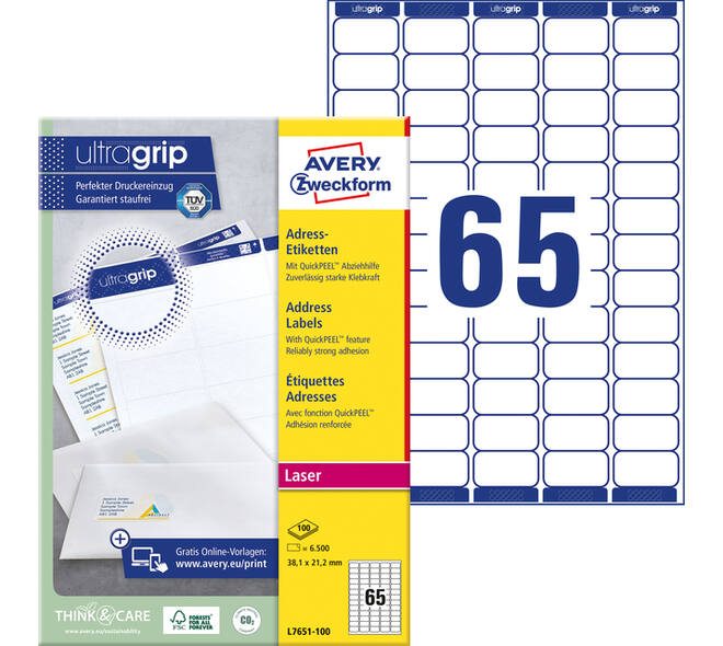 Etiket Avery L7651-100 38.1x21.2mm wit 6500 stuks