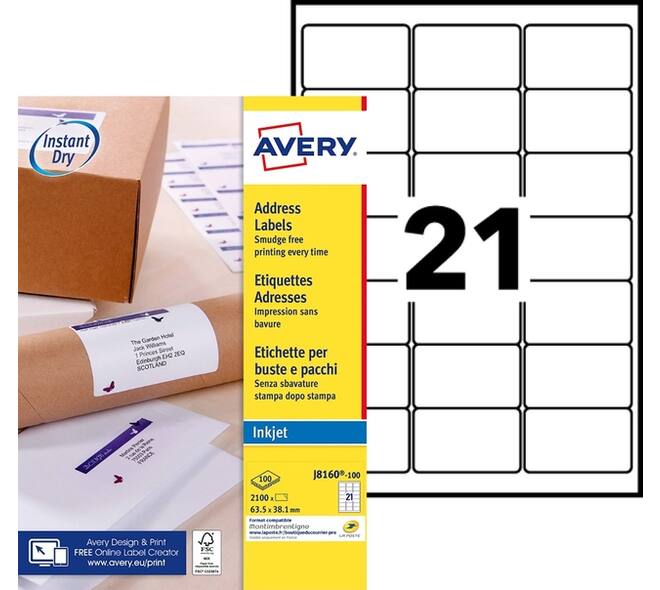 Etiket Avery J8160-100 63.5x38.1mm wit 2100 stuks