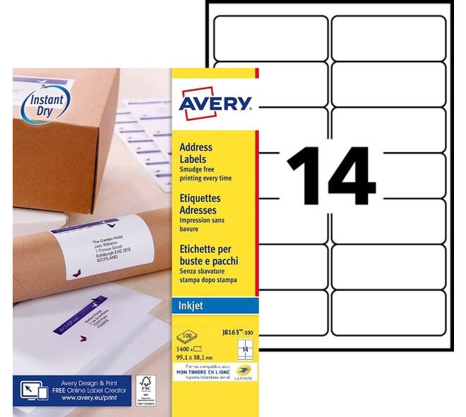 Etiket Avery J8163-100 99.1x38.1mm wit 1400 stuks