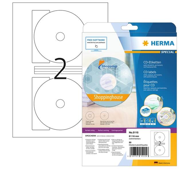 Etiket HERMA 5115 CD 116mm wit 50  stuks