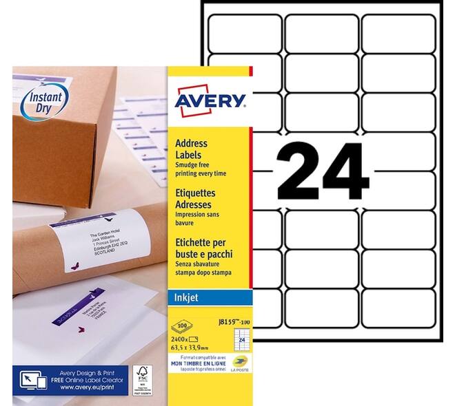 Etiket Avery J8159-100 63.5x33.9mm wit 2400 stuks