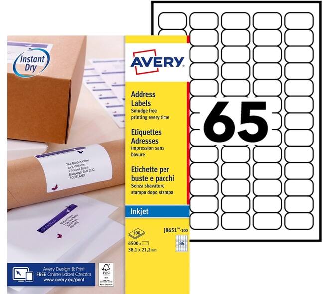 Etiket Avery J8651-100 38.1x21.2mm wit 6500 stuks