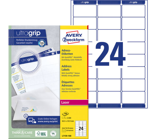 Etiket Avery L7159-100 63.5x33.9mm wit 2400 stuks