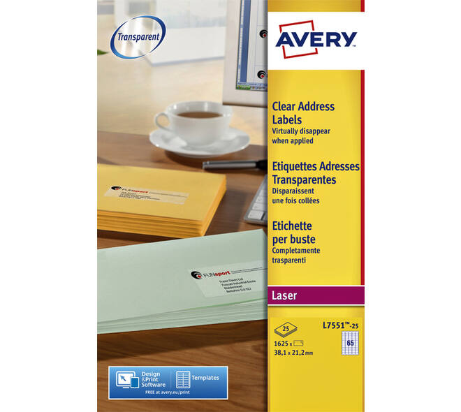 Etiket Avery L7551-25 38.1x21.1mm transparant 1625 stuks