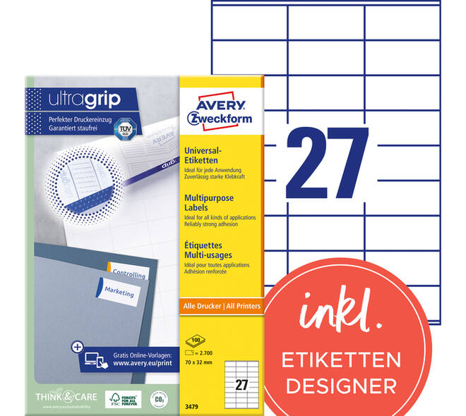 Etiket Avery 3479 70x32mm wit 2700 stuks