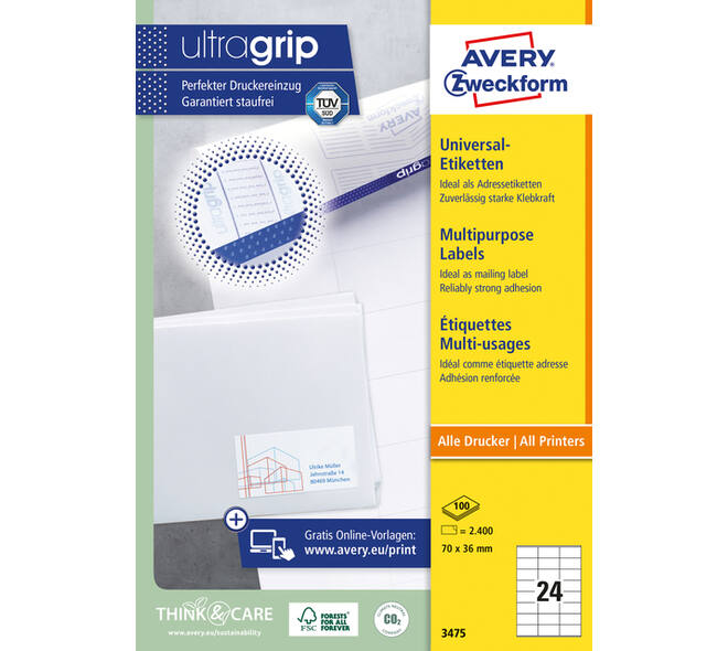 Etiket Avery 3475 70x36mm wit 2400 stuks