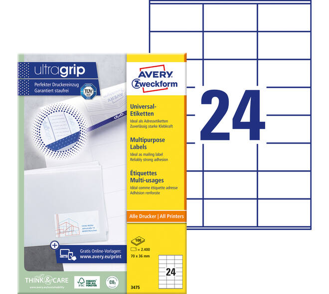 Etiket Avery 3475 70x36mm wit 2400 stuks