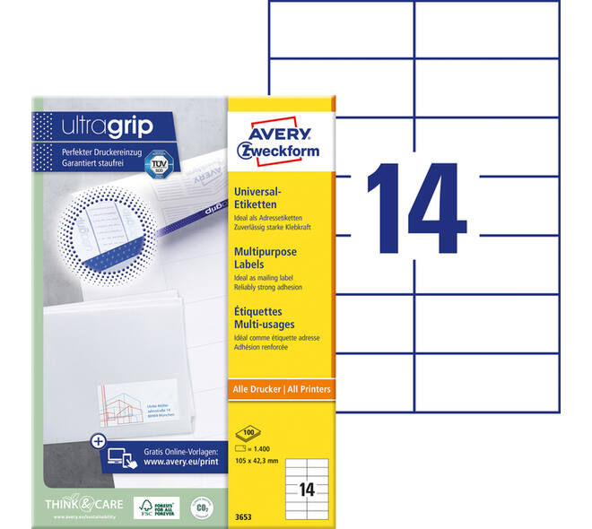 Etiket Avery 3653 105x42.3Mm wit 1400 stuks