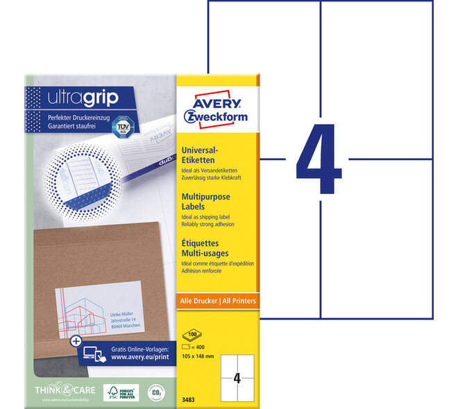 Etiket Avery 3483 105x148mm A6 wit 400 stuks