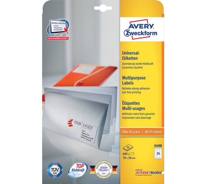 Etiket Avery 3490 70x36mm wit 600 stuks