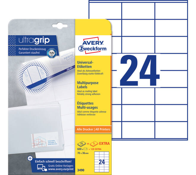 Etiket Avery 3490 70x36mm wit 600 stuks