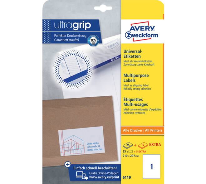 Etiket Avery 6119 210x297mm A4 wit 25 stuks