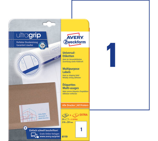 Etiket Avery 6119 210x297mm A4 wit 25 stuks
