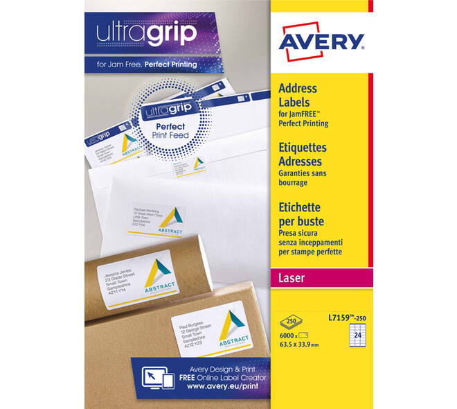 Etiket Avery L7159-250 63.5x33.9mm wit 6000 stuks