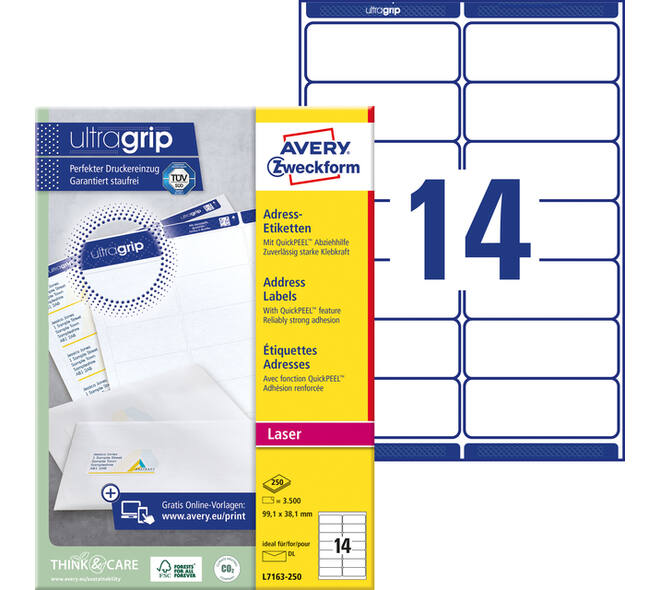 Etiket Avery L7163-250 99.1x38.1mm wit 3500 stuks