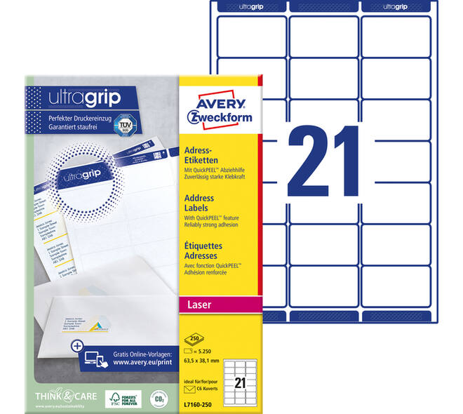 Etiket Avery L7160-250 63.5x38.1mm wit 5250 stuks
