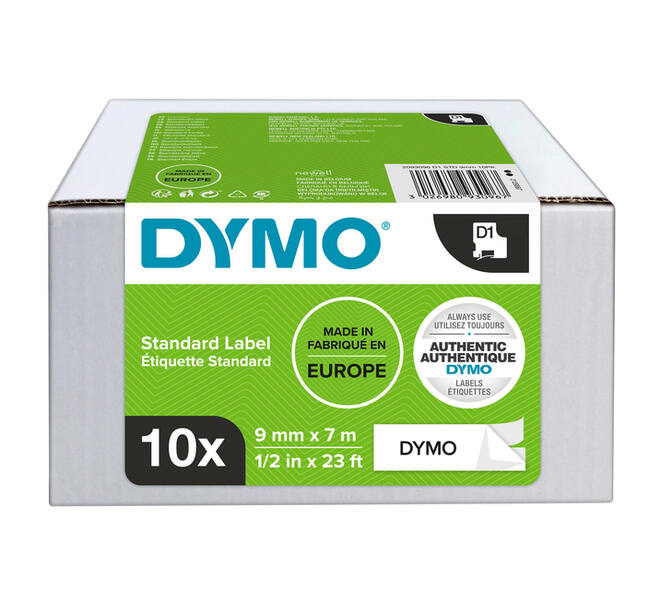 Labeltape Dymo LabelManager D1 polyester 9mm zwart op wit 10 stuks