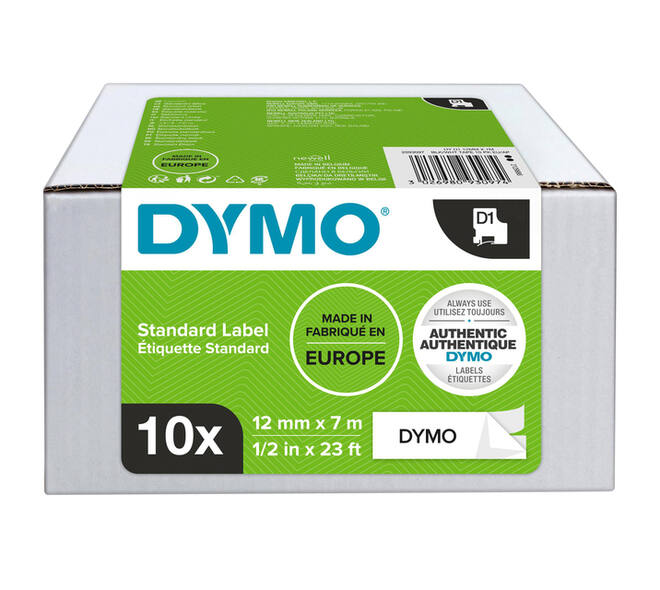 Labeltape Dymo LabelManager D1 polyester 12mm zwart op wit 10 stuks