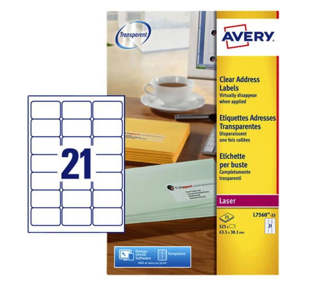 Etiket Avery L7560-25 63.5x38.1mm transparant 525 stuks