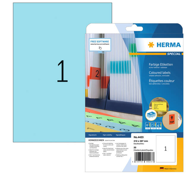 Etiket HERMA 4423 210x297mm A4 verwijderbaar blauw 20 stuks