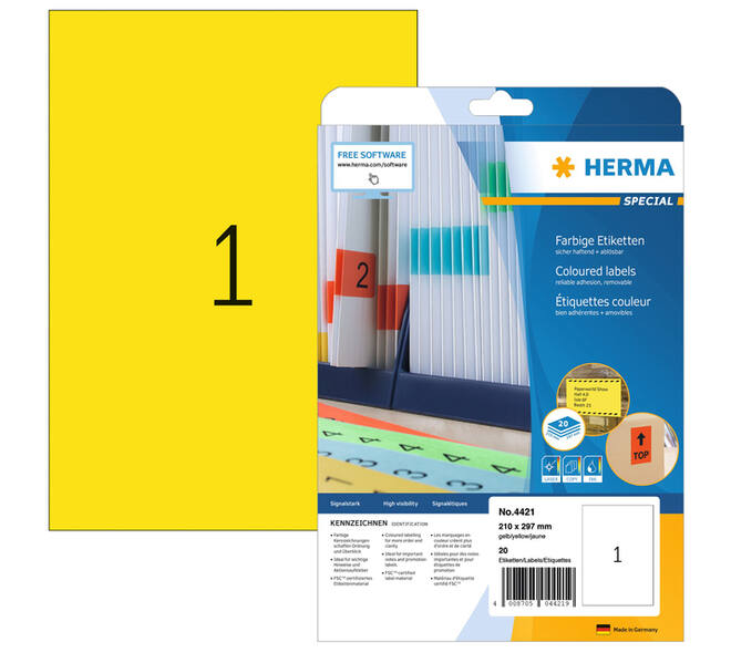 Etiket HERMA 4421 210x297mm A4 verwijderbaar geel 20 stuks
