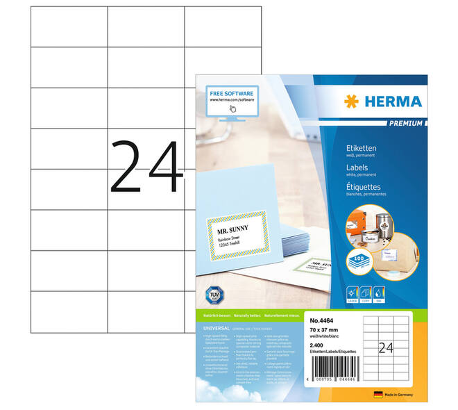 Etiket HERMA 4464 70x37mm premium wit 2400 stuks