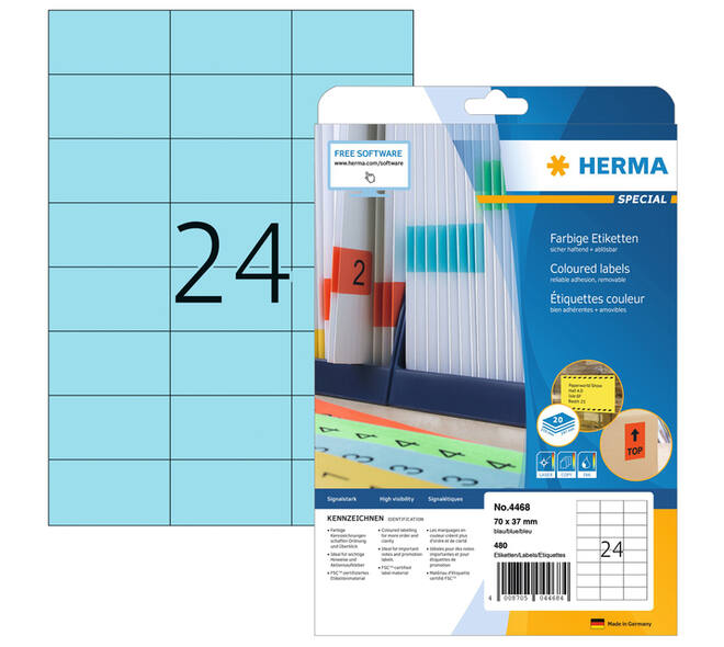 Etiket HERMA 4468 70x37mm verwijderbaar blauw 480 stuks
